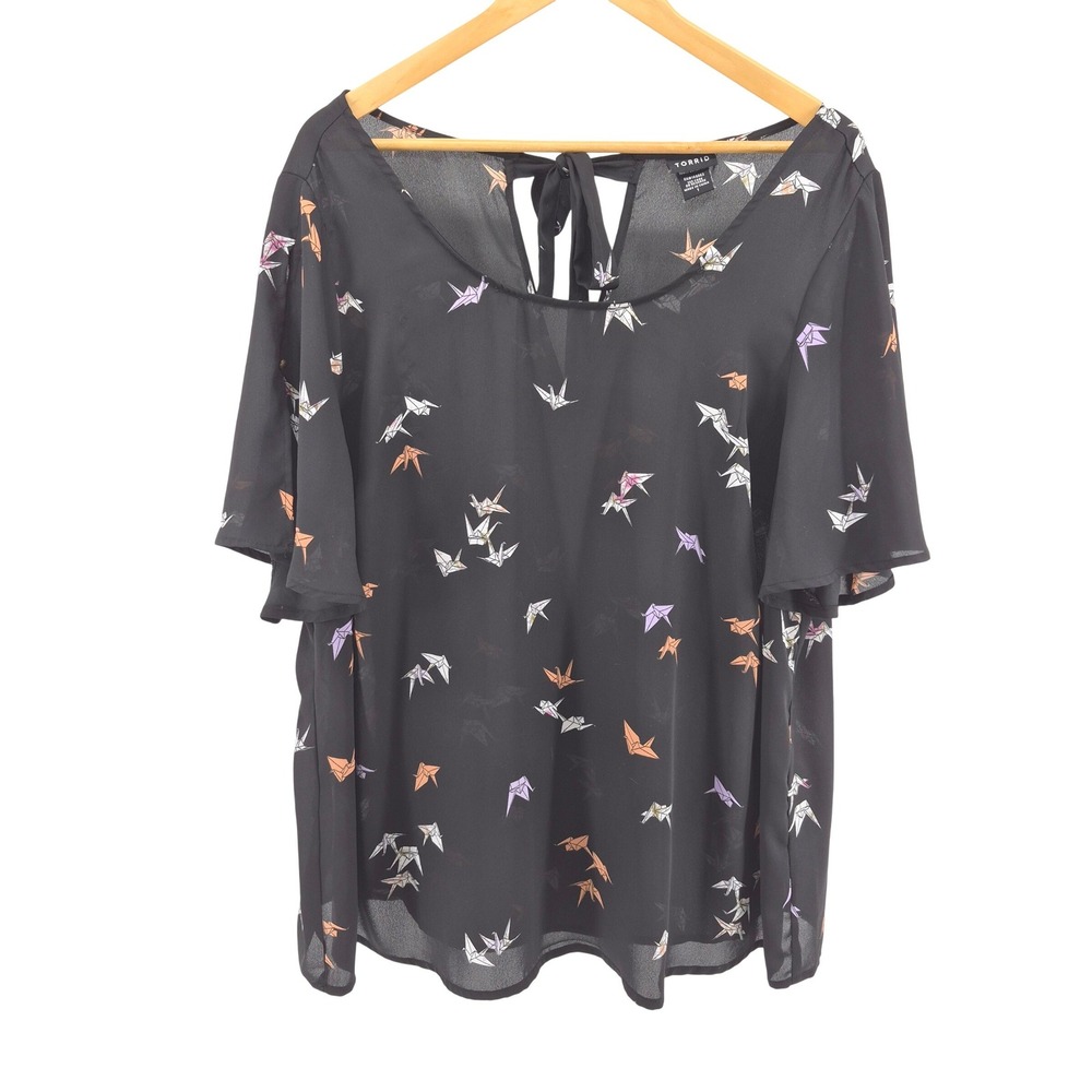 Torrid Black Sheer Top Flutter‎ Sleeve Origami Crane Tie Back Sz 1X Boho Whimsy